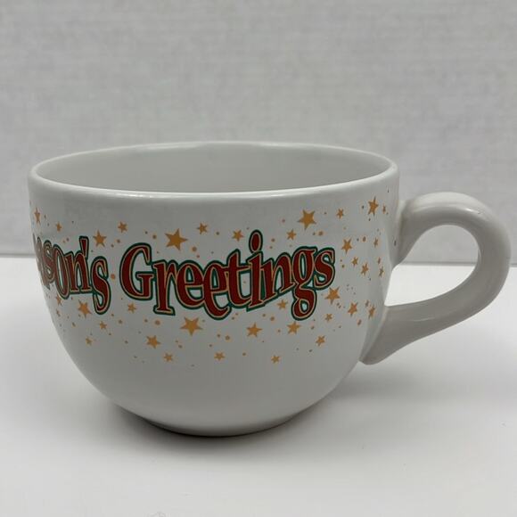 Seasons Greetings Soup Mug Bowl with Handle White Ceramic 5 Inch Holiday - Picture 2 of 6
